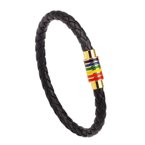 

designer bracelet genuine leather rainbow charm wrap bracelet stainless steel magnetic clasp bracelet bracelet for men and women, Golden;silver