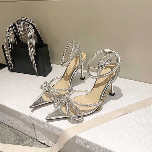 

no box design spring and summer transparent bow rhinestone high heels shallow mouth sequin fairy wind thin heel pointed strap sandals, Black