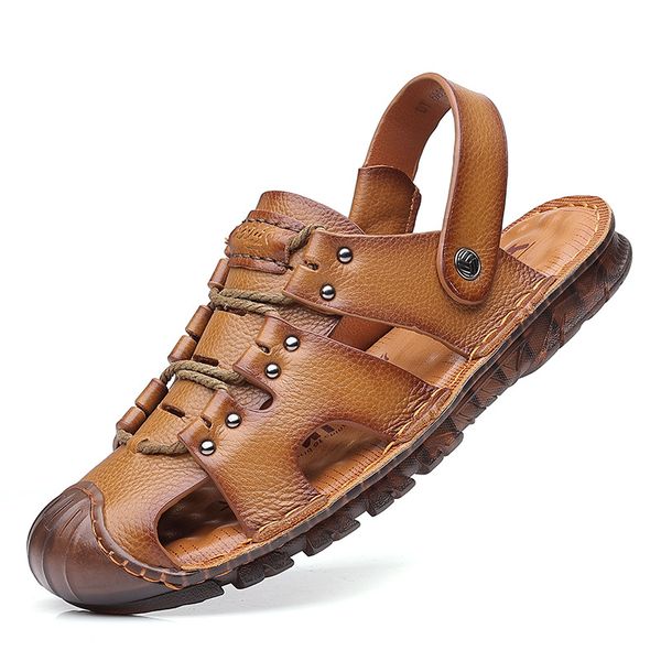 

popular 2023 summer genuine leather men's baotou sandals trend casual beach shoes men's anti slip soft sole half slippers, Black
