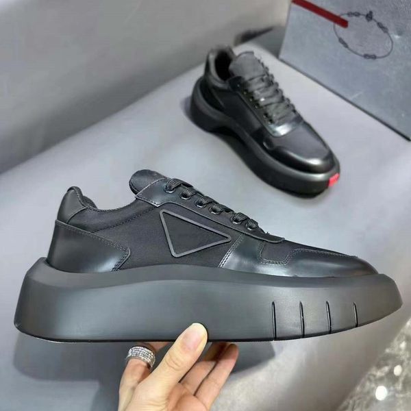 

designer sneakers men leather shoes luxury metal triangle logo brushed leather monolith trainer platform heel size 38-46 01, Black