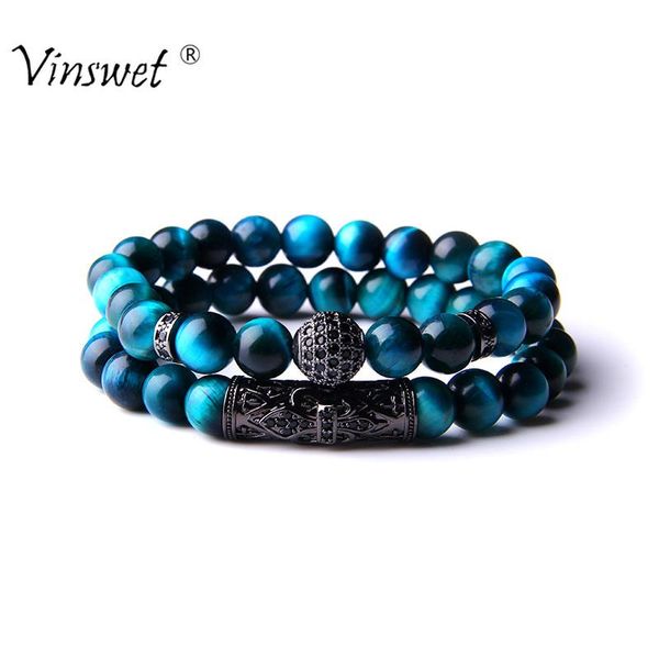 

bangle 2pcs/set men's bracelet set royal blue tiger eye bracelets for men mosaic metal charm natural stone bangles fashion jewelry gift, Black