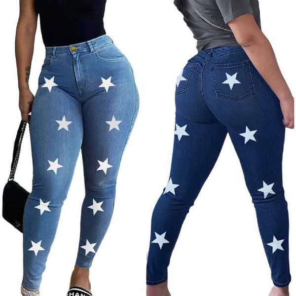 

selling women's denim series five-pointed star slim pencil pants, Blue