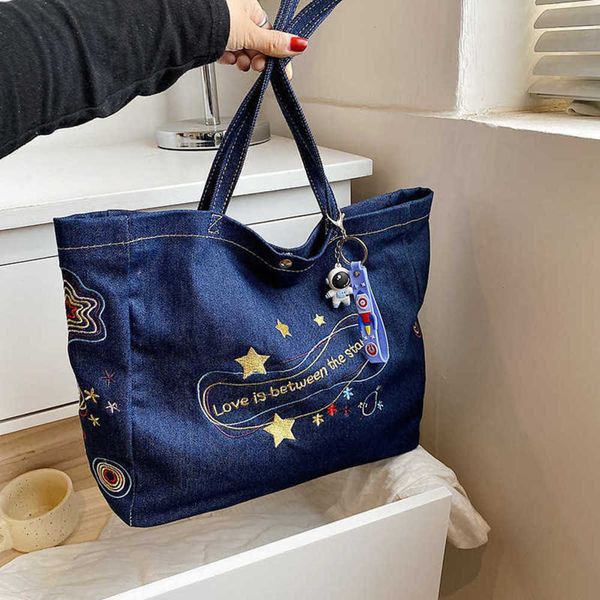 

2022 autumn new large capacity tote bag letter bag female embroidered women's bag embroidered denim bag tote bag 230522
