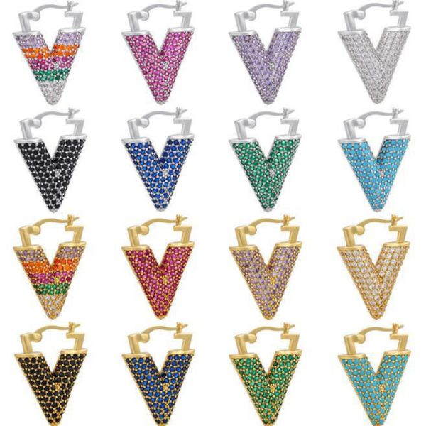 

luxury design cz micro pave letter v charm earring colorful zircon earrings for women gift, Golden;silver