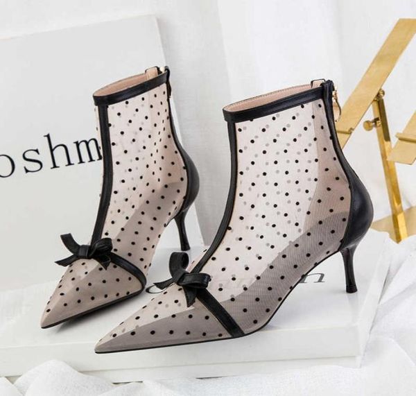 

boots women039s koreanstyle fashion pointed mesh polka dot breathable hollow bow stiletto ankle boot party summer casual 3630710, Black
