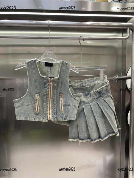 

designer dresses for woman two piece dress denim suit sleeveless zippered vest and irregular pleated denim skirt may22, White