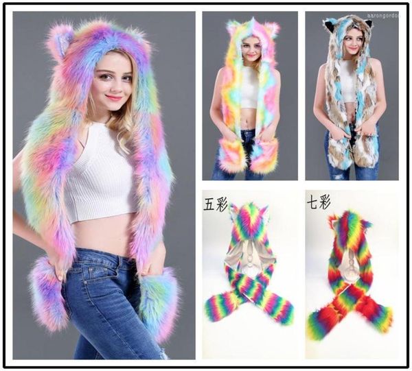 

bandanas fashion faux fur warm scarves for winter wolf tiger husky hood women scarf hat glove set ladie girl animal spirit cap6219842, Blue;gray