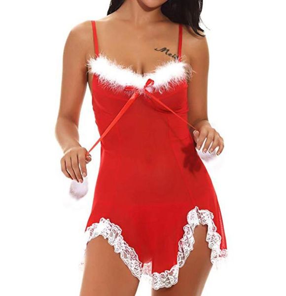 

christmas temptation woman nightie dress erotic underwear and see through thong lingerie set plus size9222499, Red;black
