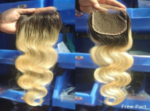 

t1b613 lace closure brazilian body wave ombre blonde 4x4 closure human hair dark root medium brown3751148, Black;brown