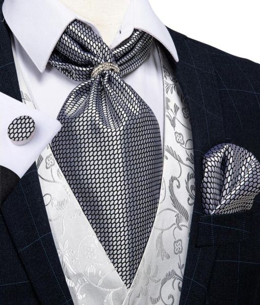 

neck tie set design men ascot tie with ring silver check wedding formal cravat silk self british style neck tie handkerchief set d7851526, Black;blue