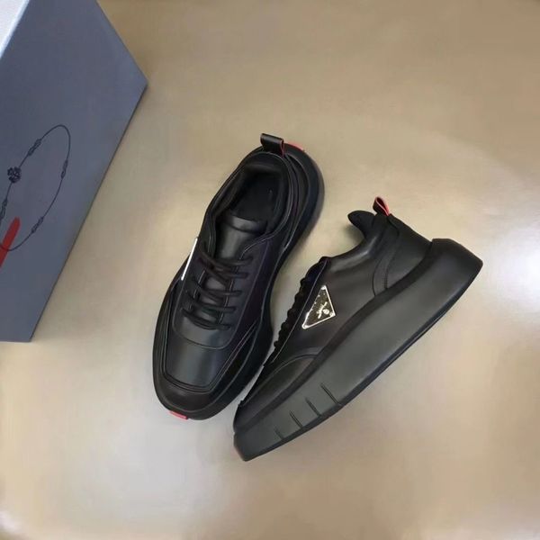 

designer sneakers men leather shoes luxury metal triangle logo brushed leather monolith trainer platform heel size 38-46 03, Black