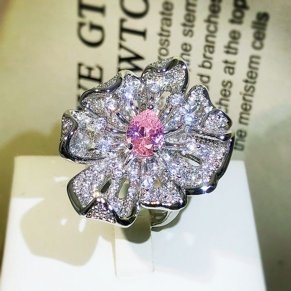 

pink diamond flower ring women's opening ins simple and elegant full diamond micro set zircon small design, Golden;silver