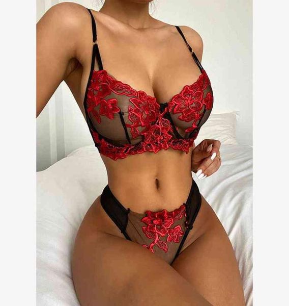 

women transparent lingerie set lace floral bralette embroidery push up bras see through panties temptation erotic underwear9846252, Red;black