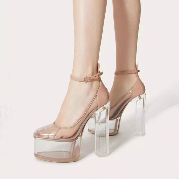 

platform pumps sandal polymer plexi clear heel fashion dress shoes women luxury designer round toes platform high heeled wedding party, Black