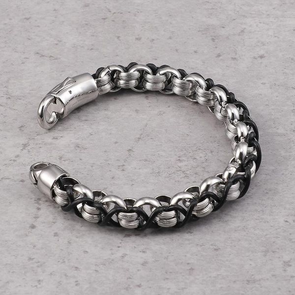 

bangle fashion cool men double link color stainless steel byzantine round hookups chain leather bracelets pulseras jewelry, Black