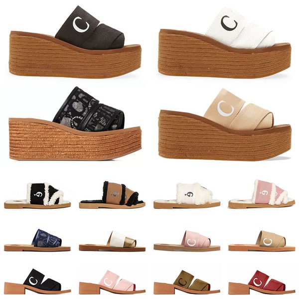 

2023 activity woody slippers lace lettering beach party wedding canvas platforms slippers black green khaki ivory summer womens shoes luxury
