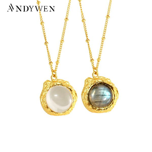 

necklaces andywen new 925 sterling silver gold big labradorite pendant round clear pendant long chain necklace 2020 rock punk party jewels