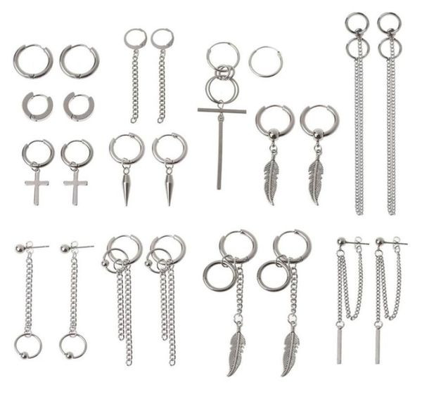 

12 pairs steel statement kpop korean fashion cross feather earrings set chain dangle hoop kit 2110147555927, Silver