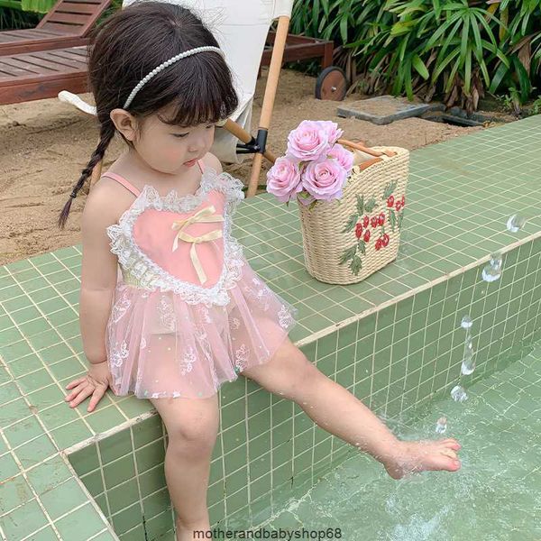

sweet baby girls lace pearl love heart falbala one-piece swimsuits summer children princess swimming kids spa beach swimwear s2176, Black