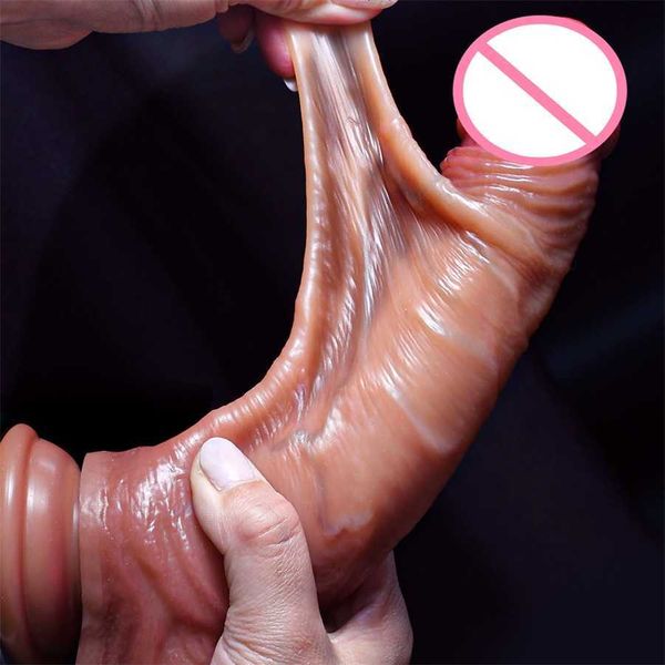 

sliding foreskin dildo suction cup strap on dildos for women and man realistic silicone penis female masturbator dick toys 80% online store