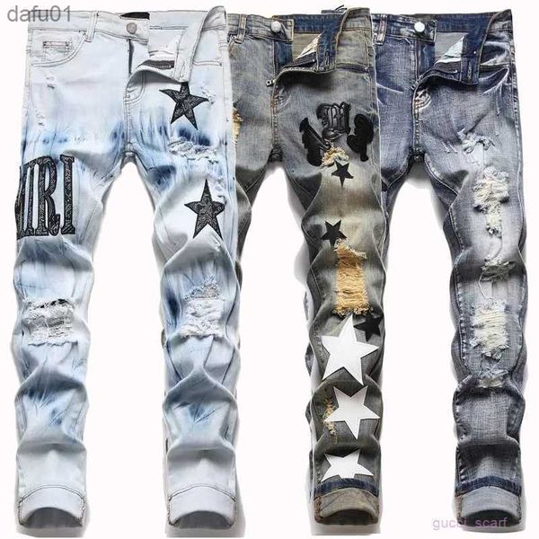 

men's jeans designer mens jeans hiking pant ripped hip hop high street fashion brand pantalones vaqueros para hombre motorcycle embroid, Blue