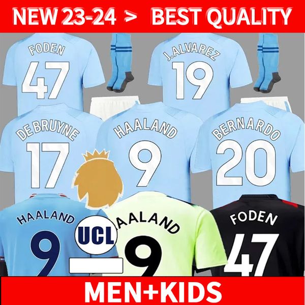 

22 23 24 haaland soccer jerseys grealish sterling mans cities mahrez fans player version de bruyne foden 2023 2024 football shirt kids kit, Black;yellow