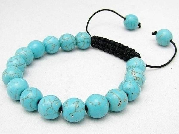 

bangle new 10mm blue turquoise round gemstone shambhala bracelet 7.5", Black