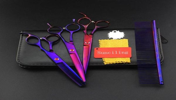 

hair scissors 7 inch electroplate purple comb double curved thinning cutting pet grooming set7907025