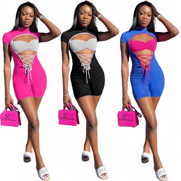 

2023 designer bodycon rompers summer y2k trend lace-up patchwork bodysuits casual streetwear hollow out one piece women clothing wholesale b, Black;white
