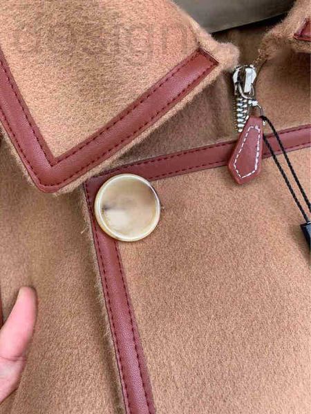 

women's trench coats designer autumn and winter new wool women's breasted hemmed leather contrast color long style commuter double, Tan;black
