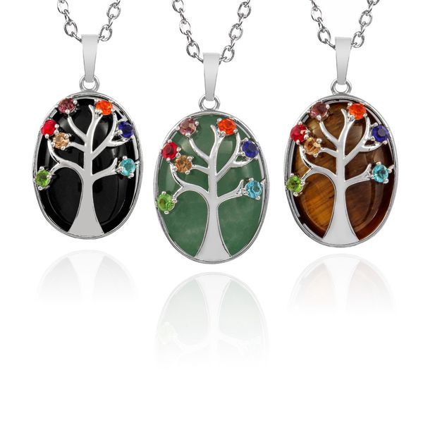

natural crystal gemstone oval pendant inlay 7 colors diamond tree of life men's women's pendant necklace amethyst rose quartz char, Silver