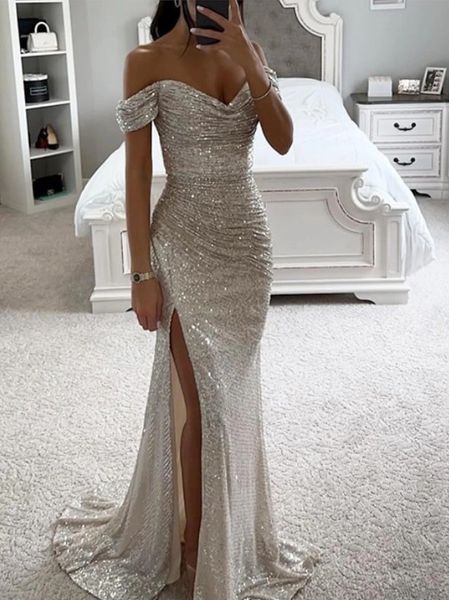 

luxury silver prom party dress short sleeve off shoulder sequined ruched slit women evening pageant gowns formal robe de soiree vestidos de, Black
