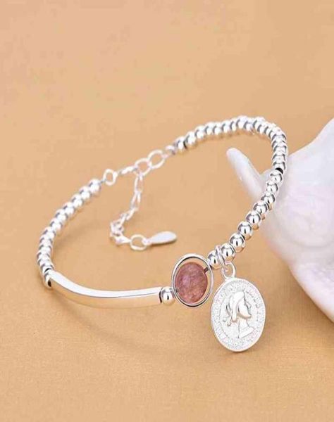

925 sterling silver korean pink crystal round bead charm bracelet bangle for women wedding jewelry party sl1127763713, Golden;silver