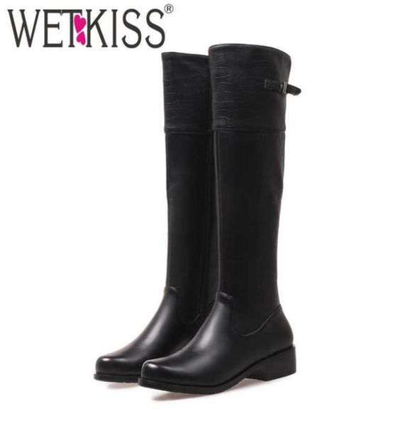 

wetkiss winter women knee high boots round toe print footwear thick heels female riding boot motorcycle shoes woman 2106305557000, Black