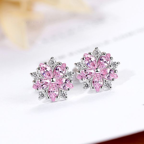 

fashion pink shiny cherry blossom zircon stud earrings women classic crystal sterling silver stud earrings sweet statement earrings vintage, Golden;silver