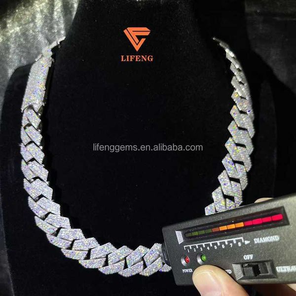 

hip-hop iced out moissanite cuban chain white gold rose gold yellow gold plated 18mm moissanite jewelry necklace, Silver
