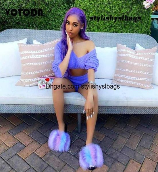 

slippers winter women fur slippers fluffy real fox fur slides cute furry raccoon sandals indoor flip flops ladies fashion rainbow 8036869, Black