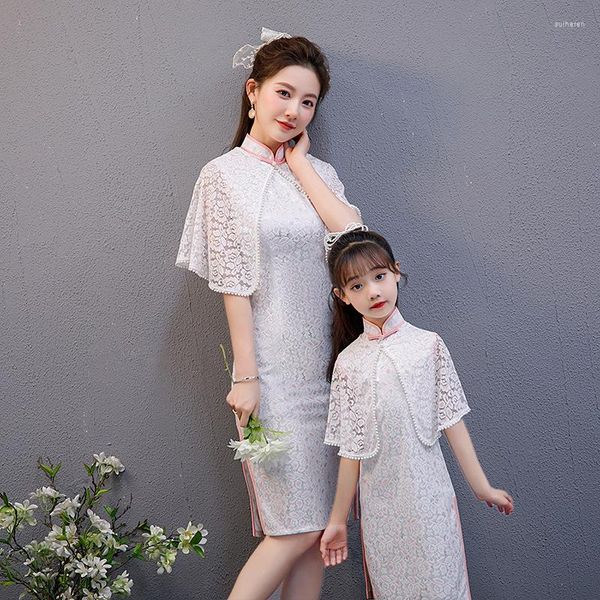 

ethnic clothing summer women lace chinese traditional qipao parent-child outfit party dress girls lovely embroidery elegant cheongsam, Red