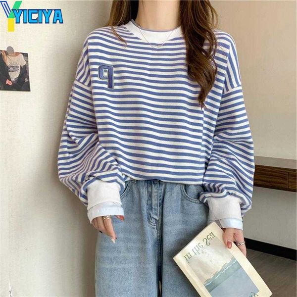 

yiciya women's hoodies spring autumn striped loose pullovers o-neck embroidery casual korean style fake-two pieces thin for 18-24y, Black