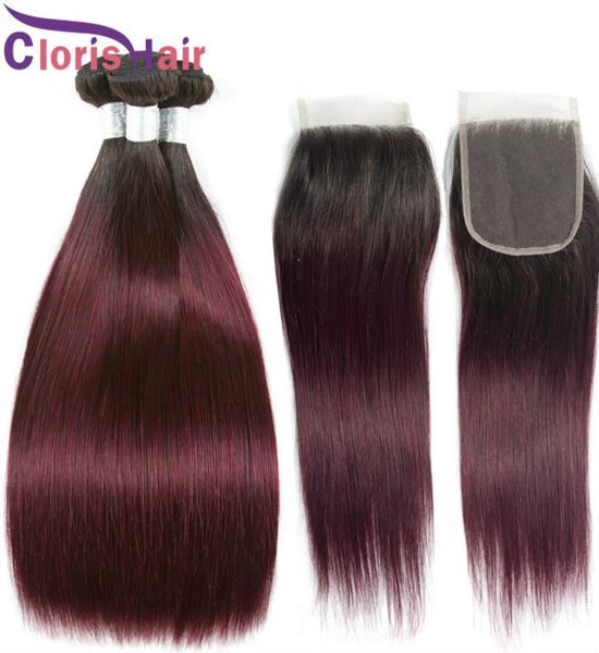 

wine red ombre peruvian virgin straight human hair 3 bundles with 4x4 lace closure 1b99j burgundy colored weaves and closures8670349, Black;brown