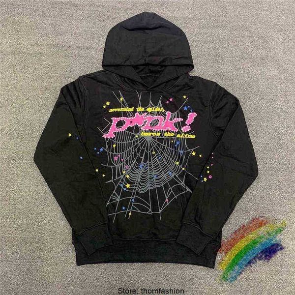 

puff print sp5der hoodie men women heavy fabric spider web pullover, Black