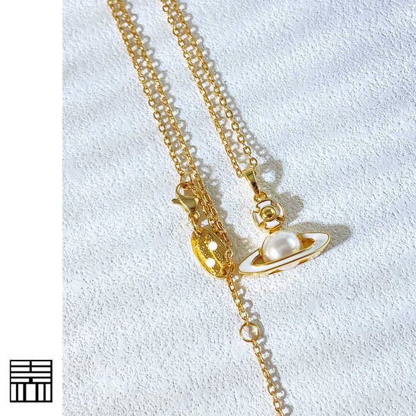 

french western empress dowager female minority design sense enamel pearl necklace plated with 18k gold lock bone chain neckchain, Silver