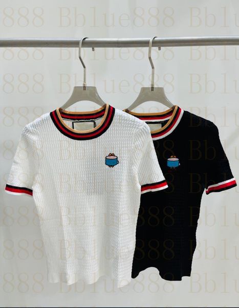 

women's t-shirt knitted contrast round neck knitted short sleeve 524, White