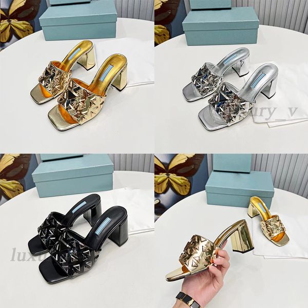 

designer slippers women chunky high heels square toes plexiglass pvc sandals summer slides leather sole inside metal flats, Black