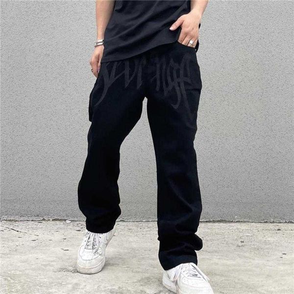 

men's jeans clothes men's black fashion streetwear embroidery low rise baggy denim pants men straight hip hop jean trousers maleme, Blue