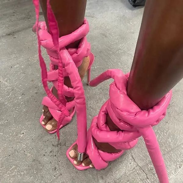 

fashion women oversized shoelaces peep toe sandals ladies ankle lcae-up pumps women's square toe thin heels high heel shoes, Black