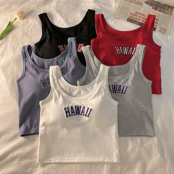 

girl versatile letter embroidery strap tank for women's slim fit and beautiful back solid short style overlay, White