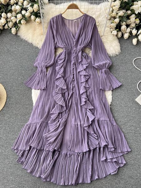 

dresses purple/brown/red chiffon pleated long dress women vintage vneck flare sleeve draped ruffle vestido female maxi robe spring fall, Black;gray