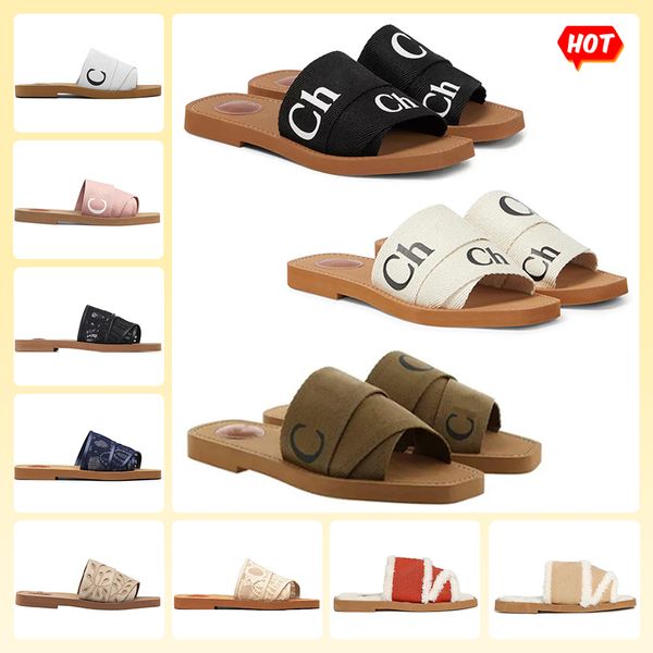 

designer woody sandals womens mules flat slides light tan beige white black pink lace lettering fabric canvas slippers summer outdoor shoes