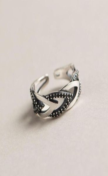 

cluster rings leouerry vintage black zircon 925 sterling silver openwork rhombus texture open for women fine jewelry punk7122182, Golden;silver